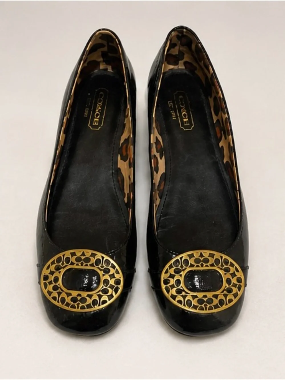 Coach Black Patent Leather Ballet Flats Gold Medallion Accent Leopard Lining
